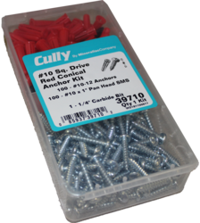 Product image for Cully 39606 #6 Slotted Pan Head Red Conical Anchor Kit, #6 x 1" (100), #6-8 (100), Includes 1/8" Carbide Drill Bit